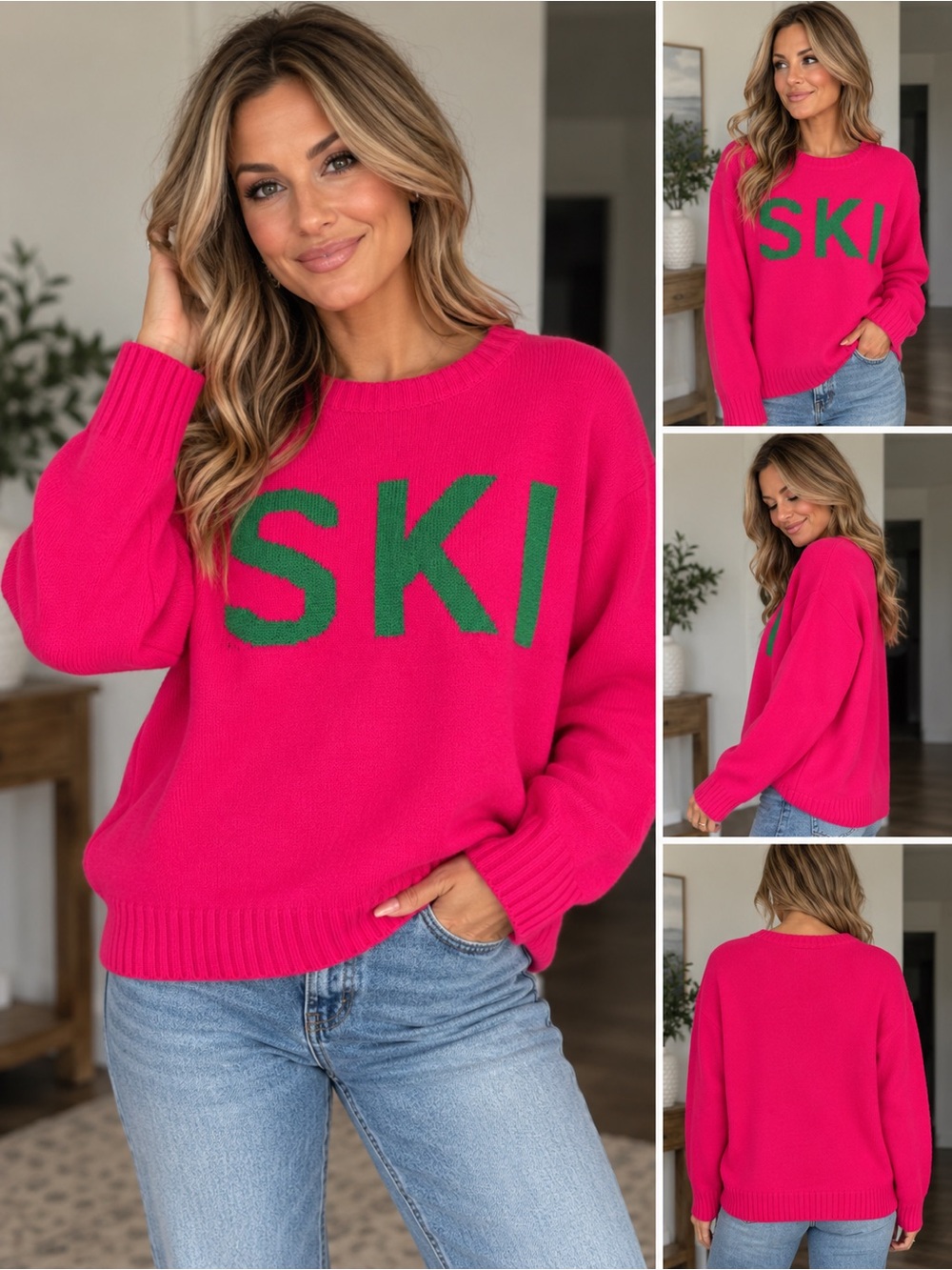 Panache Hot Pink Sweater with Green 'SKI' Lettering